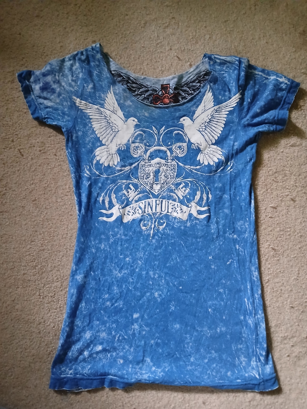 "Sinful" Light Blue Graphic Tee Reversable Small